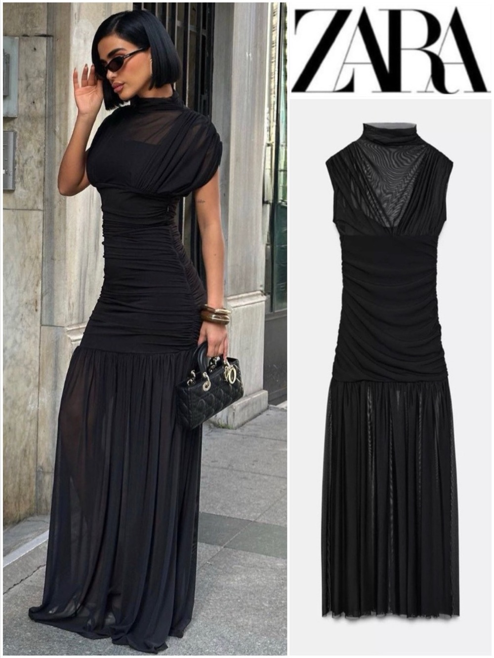 ZARA COMBINED DRAPED & RUCHED SIDE MiDI DRESS - Black